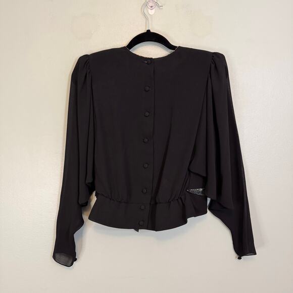 VTG Denise Fashions Blouse M Black Pleated Surplice Sheer Batwing Beaded Hem USA - Picture 2 of 10